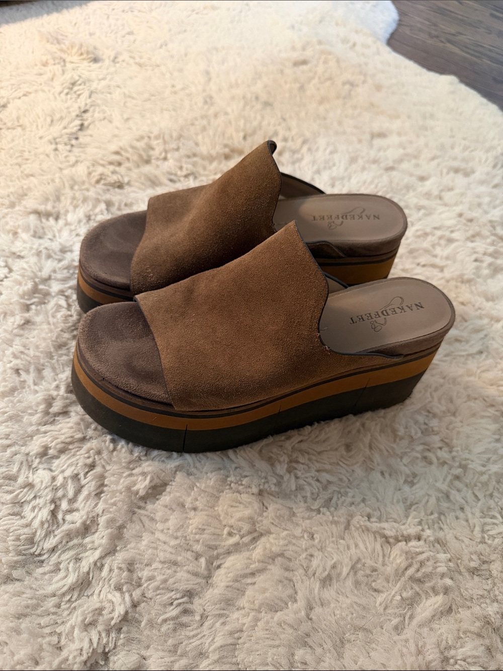 Naked Feet Brown Suede Platform Slide Mules